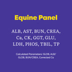 A purple informational graphic with yellow and white text reading 'Equine Panel' and listing serum parameters such as ALB, AST, BUN, CREA, Ca, CK, GGT, GLU, LDH, PHOS, TBIL, TP, plus calculated parameters.