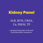 A purple informational graphic with yellow and white text reading 'Kidney Panel' and listing parameters such as ALB, BUN, CREA, Ca, PHOS, and TP.
