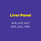 A purple square graphic with the text 'Liver Panel' in yellow and a list of tested liver markers in white: ALB, ALP, ALT, GGT, GLU, TBIL.