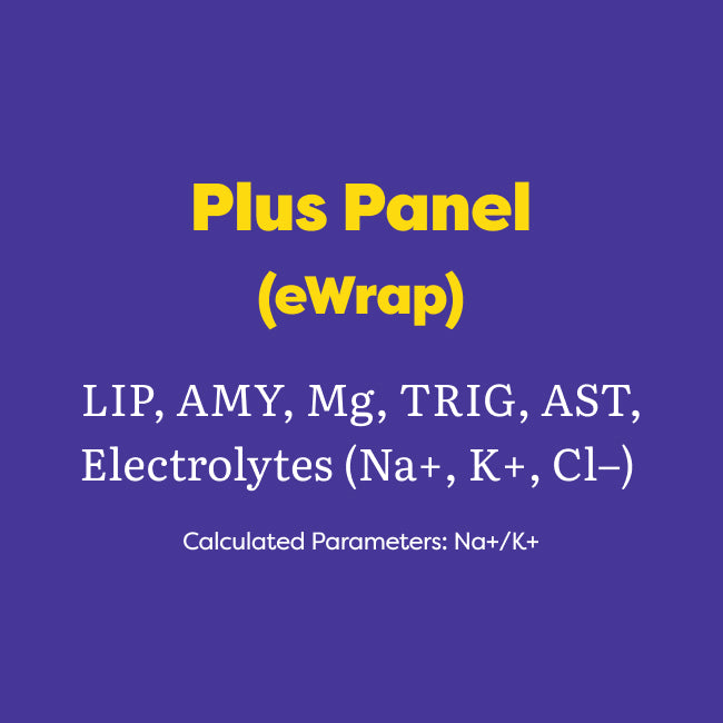 A purple informational graphic with yellow and white text reading 'Plus Panel (eWrap)' and listing included analytes such as lipids, amylin, magnesium, triglycerides, AST, electrolytes, and calculated parameters Na+/K+.
