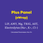 A purple informational graphic with yellow and white text reading 'Plus Panel (eWrap)' and listing included analytes such as lipids, amylin, magnesium, triglycerides, AST, electrolytes, and calculated parameters Na+/K+.