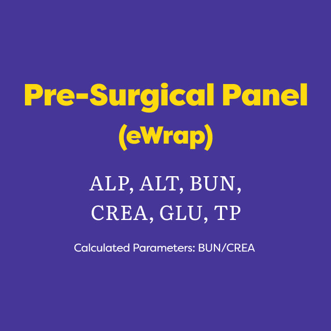 A digital graphic with a solid purple background displaying medical information for a 'Pre-Surgical Panel (eWrap)'. The text is written in yellow and white sans-serif fonts, listing laboratory parameters such as ALP, ALT, BUN, CREA, GLU, and TP, along with the calculation of BUN/CREA.