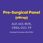 A digital graphic with a solid purple background displaying medical information for a 'Pre-Surgical Panel (eWrap)'. The text is written in yellow and white sans-serif fonts, listing laboratory parameters such as ALP, ALT, BUN, CREA, GLU, and TP, along with the calculation of BUN/CREA.